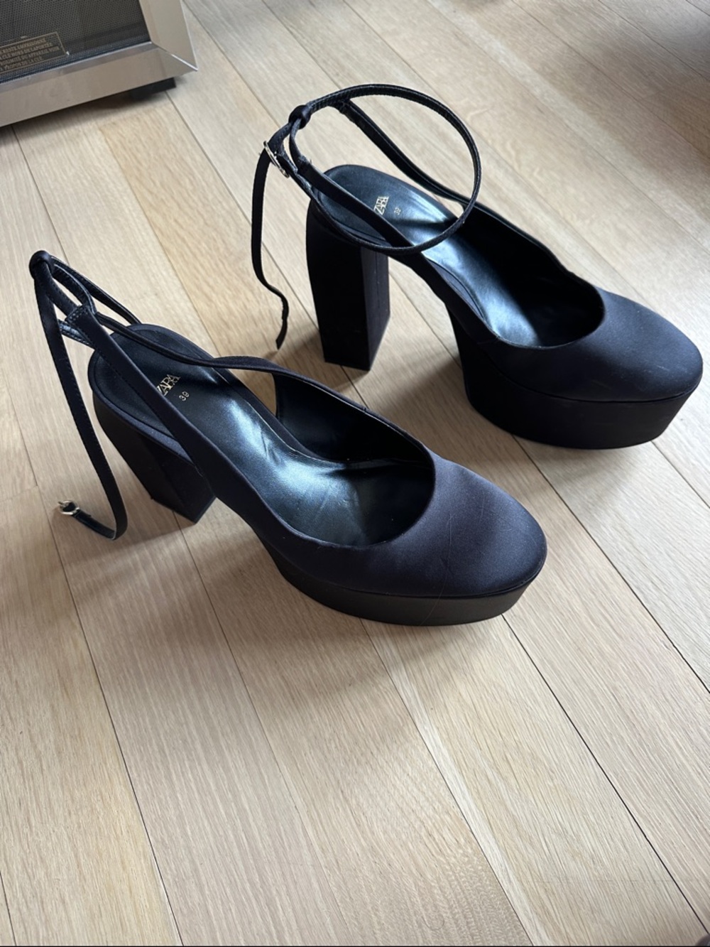 Black Platform Block Heel Ankle-Tie Pumps